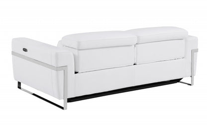 83" White Italian Leather USB Reclining Sofa With Chrome Legs