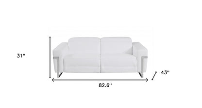 83" White Italian Leather USB Reclining Sofa With Chrome Legs