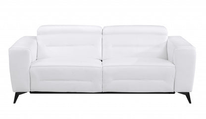 83" White Italian Leather USB Reclining Sofa With Black Legs