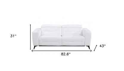 83" White Italian Leather USB Reclining Sofa With Black Legs