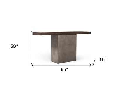 63" Brown and Gray Solid Wood Pedestal Console Table