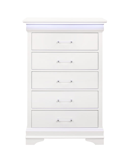 Commode à cinq tiroirs en bois massif blanc de 16 po avec éclairage LED