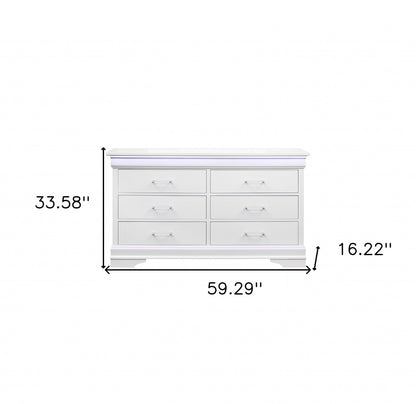 Commode double à six tiroirs en bois massif blanc de 59 po avec LED