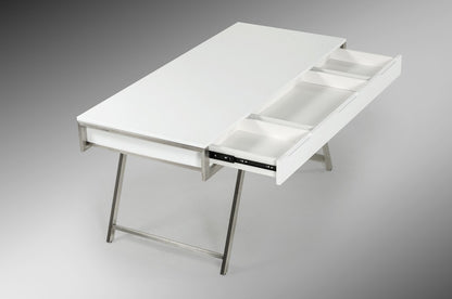 63" White and Silver Writing Desk With Three Drawers