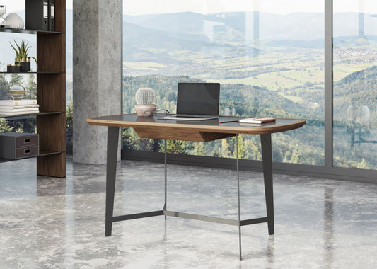 Bureau d'écriture rectangulaire en noyer et verre noir de 55 po