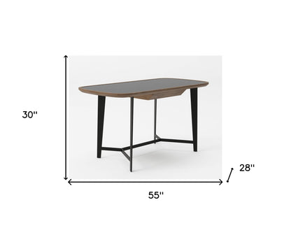 Bureau d'écriture rectangulaire en noyer et verre noir de 55 po