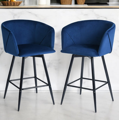 Set of Two 28" Blue And Black Velvet And Steel Low Back Bar Height Bar Chairs