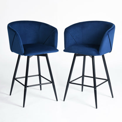 Set of Two 28" Blue And Black Velvet And Steel Low Back Bar Height Bar Chairs