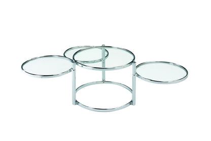 60" Clear And Silver Glass And Steel Round Nested Coffee Tables With Three Shelves