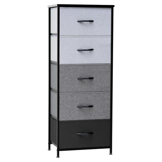 Commode à cinq tiroirs en acier et tissu gris et noir de 18 po