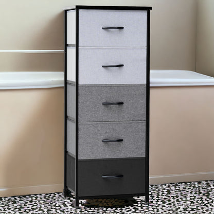 Commode à cinq tiroirs en acier et tissu gris et noir de 18 po