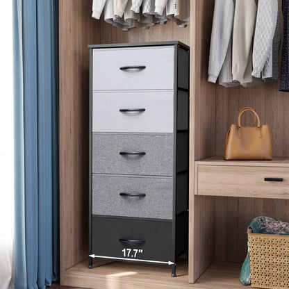 Commode à cinq tiroirs en acier et tissu gris et noir de 18 po