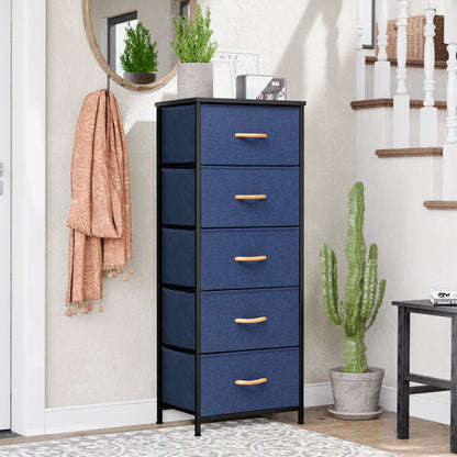 Commode à cinq tiroirs en acier et tissu bleu et noir de 18 po