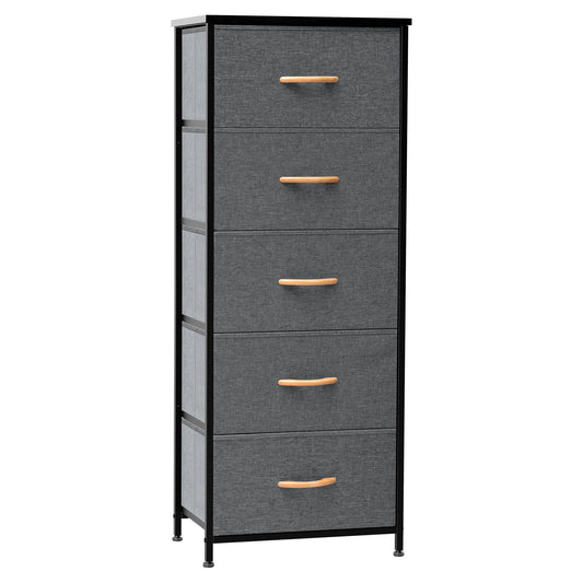 Commode à cinq tiroirs en acier et tissu gris et noir de 18 po