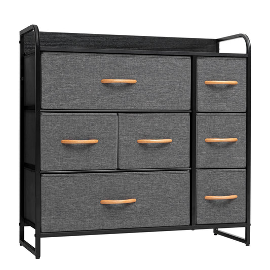 Commode à sept tiroirs en acier et tissu gris et noir de 32 po