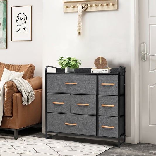 Commode à sept tiroirs en acier et tissu gris et noir de 32 po