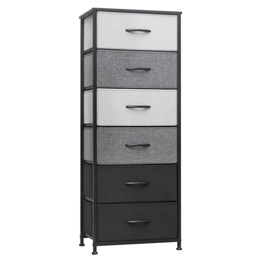 Commode à six tiroirs en acier et tissu gris et noir de 18 po