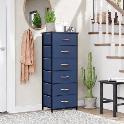 Commode à six tiroirs en acier et tissu bleu et noir de 18 po