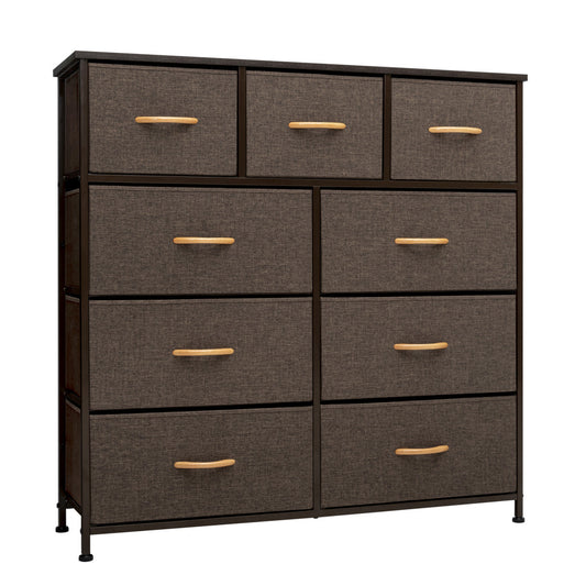 Commode triple à neuf tiroirs en acier et tissu marron de 39 po