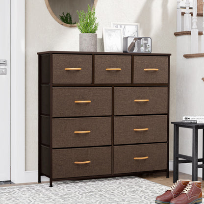 Commode triple à neuf tiroirs en acier et tissu marron de 39 po