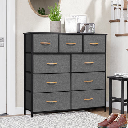 Commode triple à neuf tiroirs en acier et tissu gris et blanc de 39 po