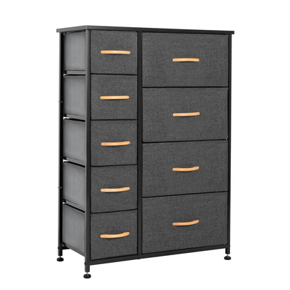 Commode combinée à neuf tiroirs en acier et tissu gris et noir de 27 po