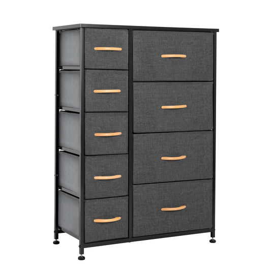 Commode combinée à neuf tiroirs en acier et tissu gris et noir de 27 po