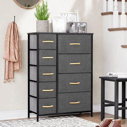 Commode combinée à neuf tiroirs en acier et tissu gris et noir de 27 po