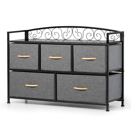 Commode combinée à cinq tiroirs en acier et tissu gris et noir de 39 po