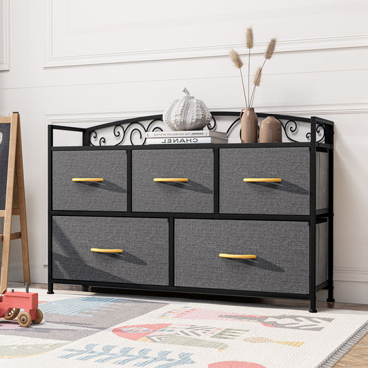 Commode combinée à cinq tiroirs en acier et tissu gris et noir de 39 po