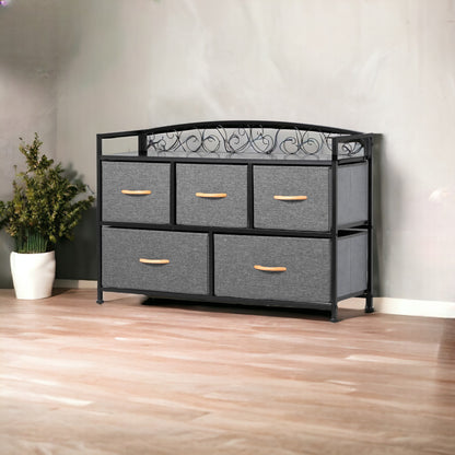 Commode combinée à cinq tiroirs en acier et tissu gris et noir de 39 po