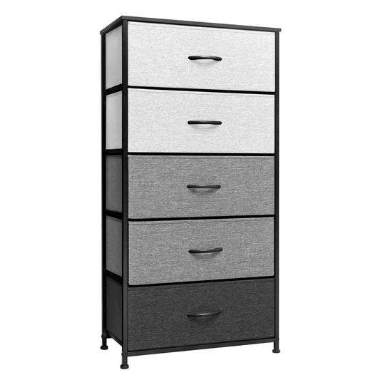 Commode double à cinq tiroirs en acier et tissu gris et noir de 23 po