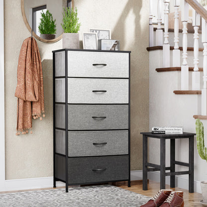 Commode double à cinq tiroirs en acier et tissu gris et noir de 23 po