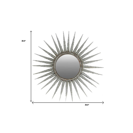 30" Antiqued Silver Gray Sunburst Wall Mounted Accent Mirror