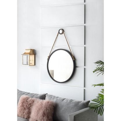 30" Black Fame Round Wall Hanging Accent Mirror with Rope