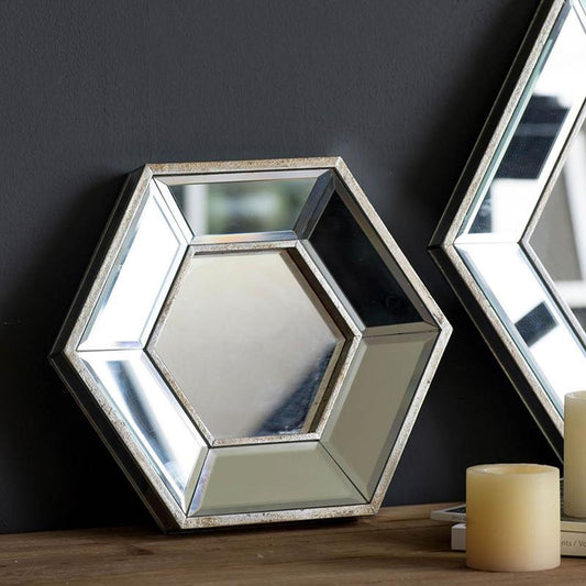 Miroir d'appoint mural hexagonal argenté de 12 po