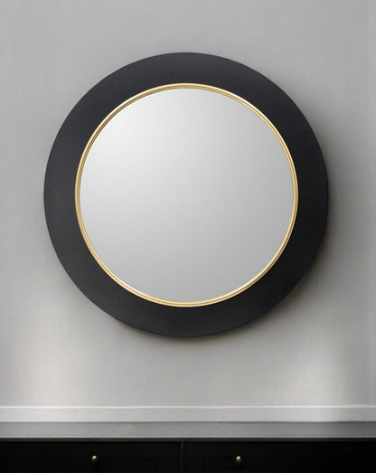 32" Black and Gold Lighted Round Metal Framed Accent Mirror