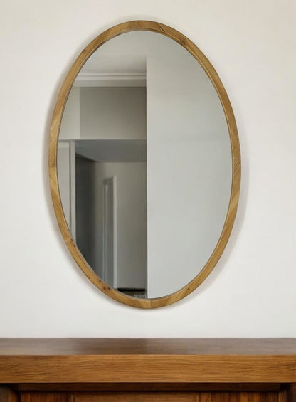 35" Brown Oval Solid Wood Framed Accent Mirror