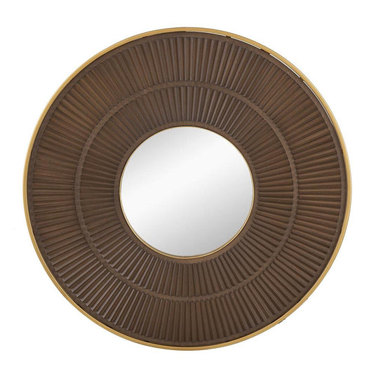 Miroir d'appoint rond en bois et métal brun et doré de 32 po