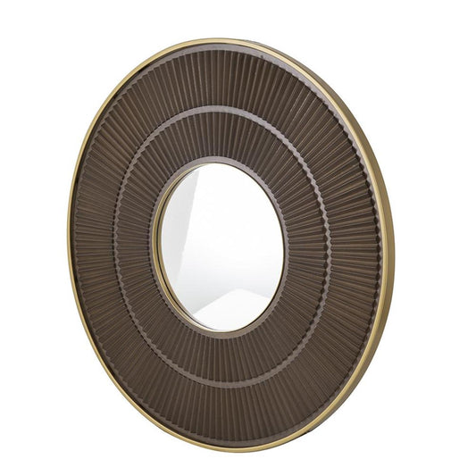 Miroir d'appoint rond en bois et métal brun et doré de 32 po