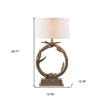 27" Brown Rustic Faux Antlers Table Lamp With White Drum Shade