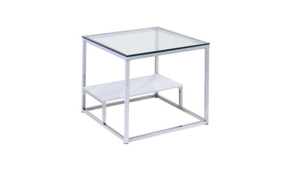 Table d'appoint carrée en chrome et verre transparent de 22 po avec étagère