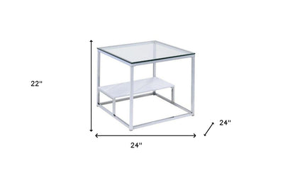 Table d'appoint carrée en chrome et verre transparent de 22 po avec étagère