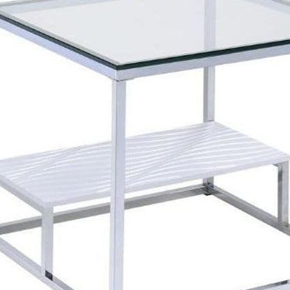 Table d'appoint carrée en chrome et verre transparent de 22 po avec étagère