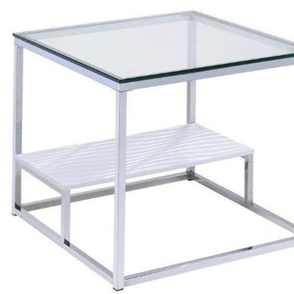 Table d'appoint carrée en chrome et verre transparent de 22 po avec étagère