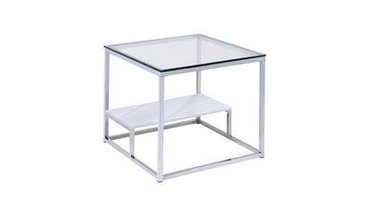 Table d'appoint carrée en chrome et verre transparent de 22 po avec étagère