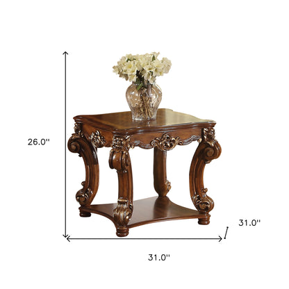 Table d'appoint carrée en bois de cerisier et bois massif de 26 po avec étagère