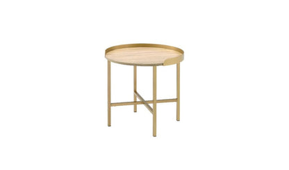 Table d'appoint ronde en bois et métal doré et chêne de 22 po