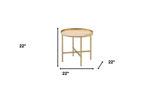 Table d'appoint ronde en bois et métal doré et chêne de 22 po