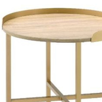 Table d'appoint ronde en bois et métal doré et chêne de 22 po